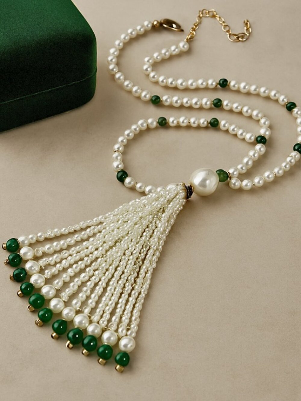 New!  Signed New York & Co. Faux Pearl and Green Crystal Fringe Pendant Necklace